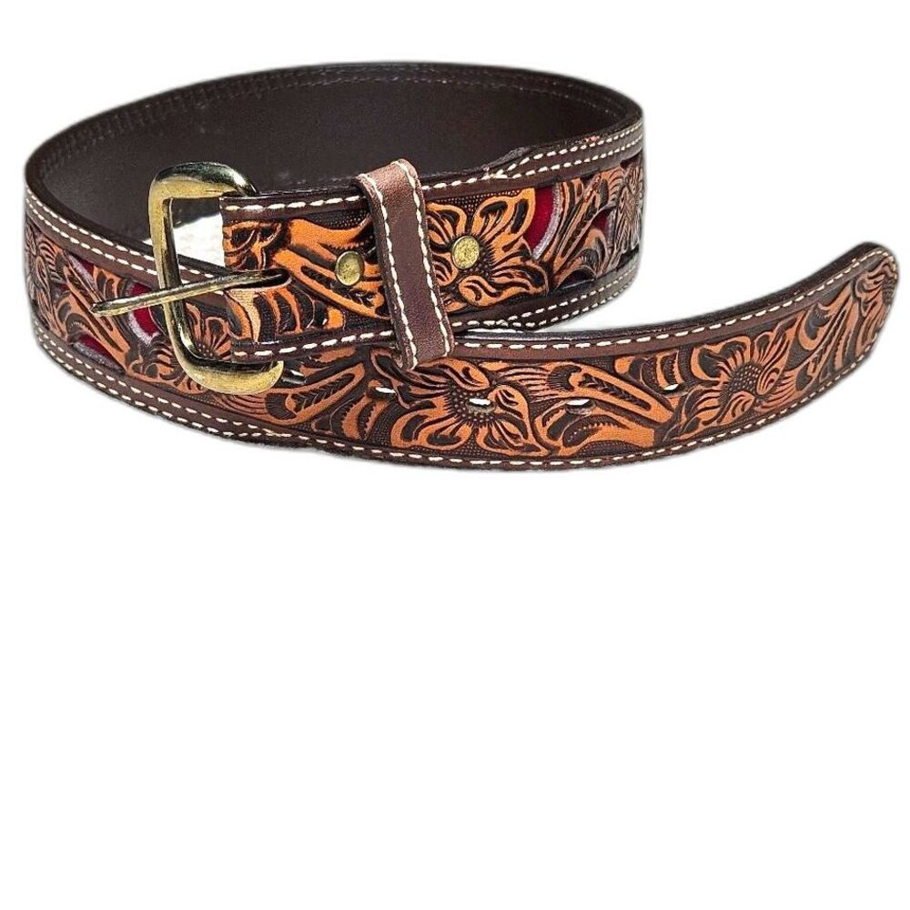 Circle Y Sunflower Distressed Filigree Red Accents Removable Buckle Leather Belt